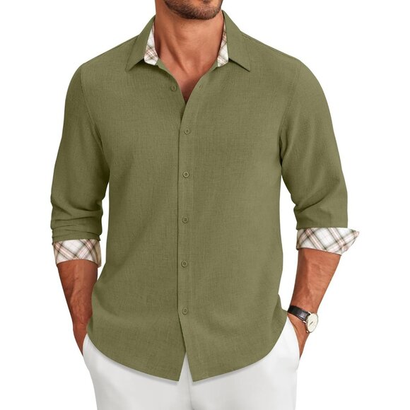 Coofandy Men Army Green Long Sleeve Button Down Untucked Regular Fit Dress Shirt - Picture 1 of 7